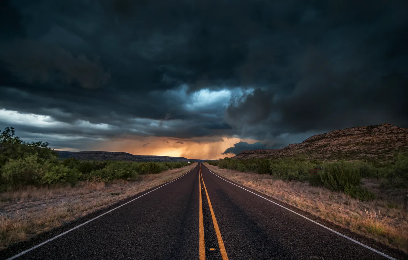 Фото обои дорога, асфальт, облака, тучи, шторм, природа, вечер, США