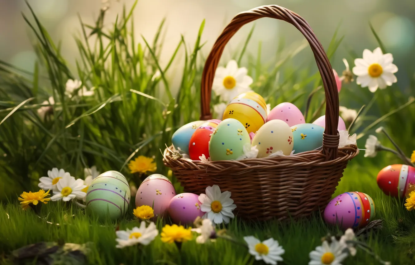 Фото обои цветы, корзина, поляна, яйца, весна, colorful, Пасха, happy