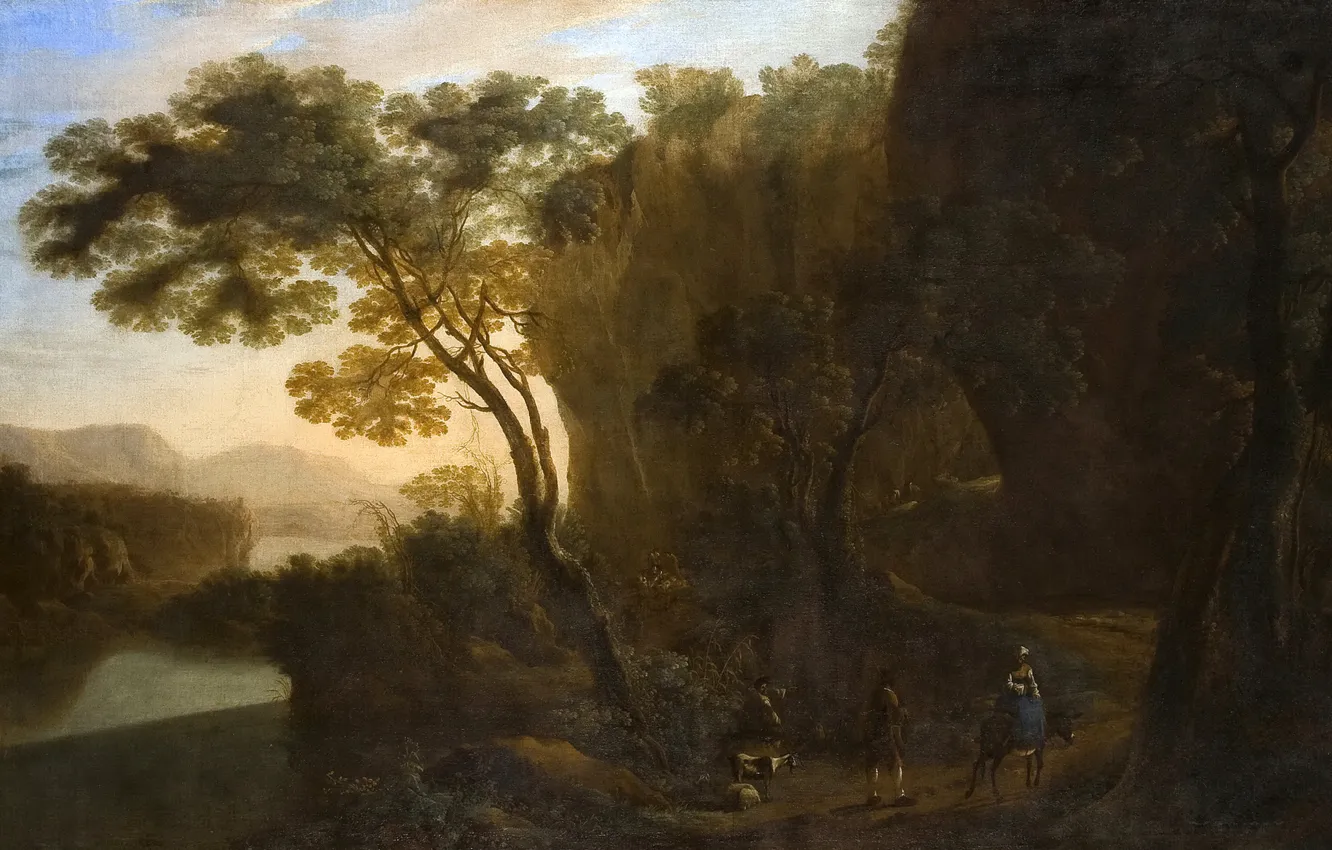 Фото обои море, деревья, пейзаж, горы, люди, картина, Ян Бот, Дорога из Порта