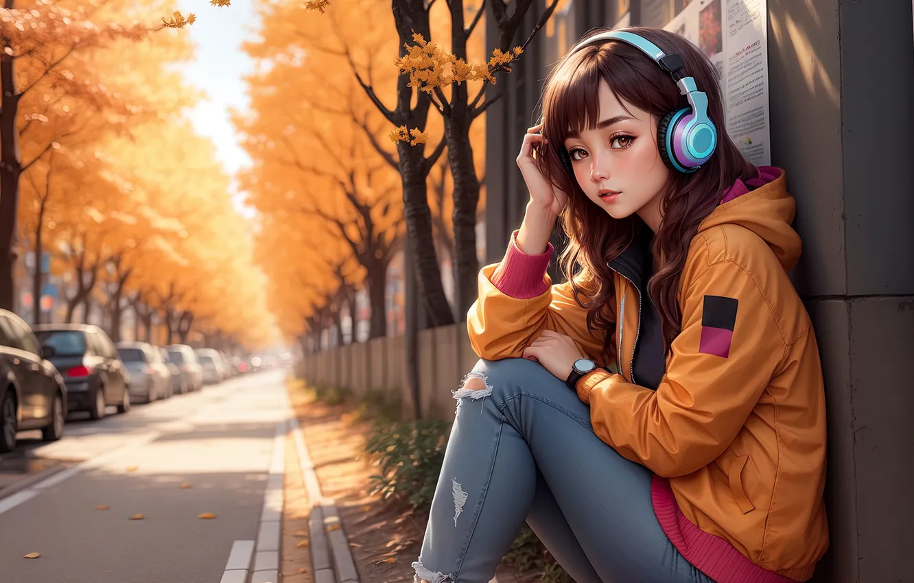 Фото обои girl, anime, art, autumn, street, nice