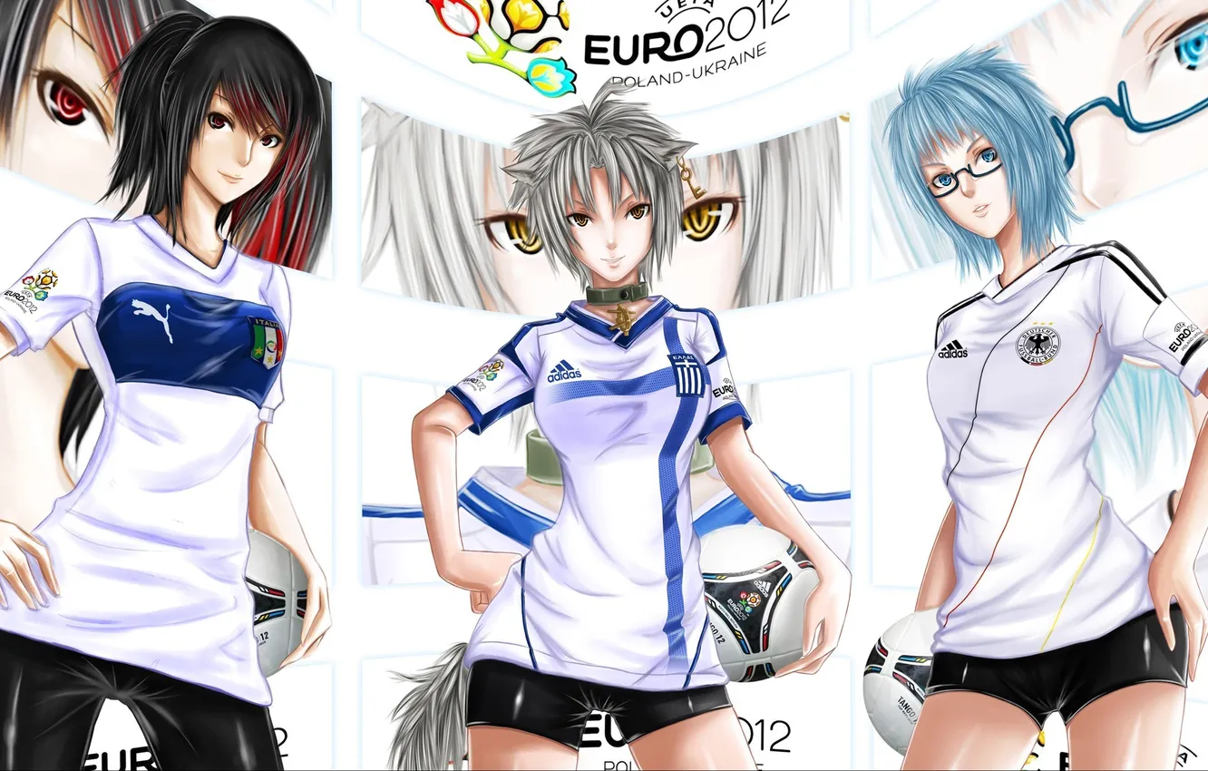 Фото обои девушки, футбол, мяч, ключ, арт, очки, хвост, форма