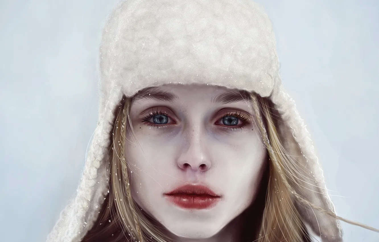 Фото обои зима, взгляд, девушка, снег, лицо, шапка, арт, губы