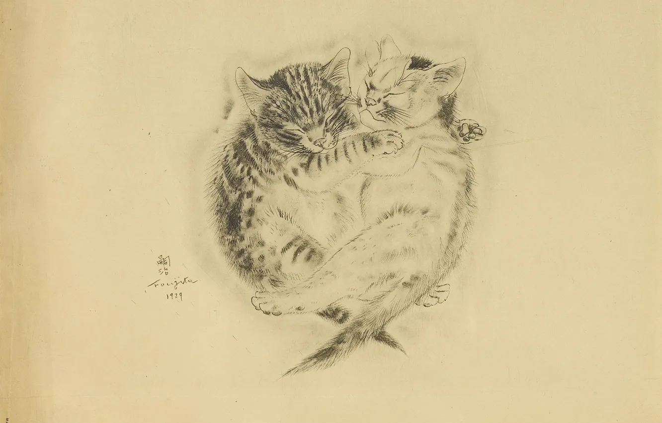 Фото обои дружба, котята, братья, спят, 1929, Цугухару, Фудзита, Книга Кошек
