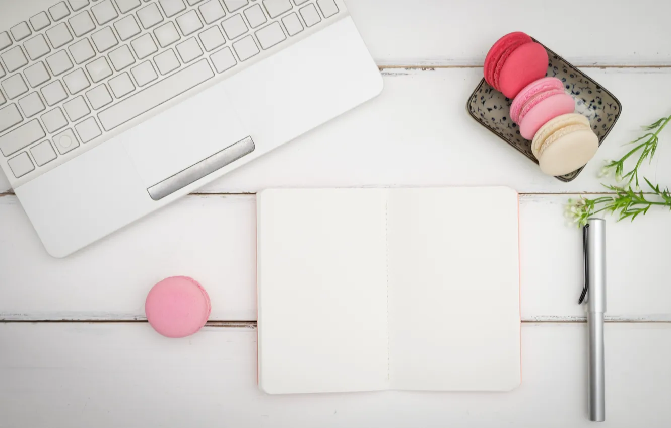 Фото обои мышь, ноутбук, notebook, пирожные, ежедневник, cakes, mouse, Макароны