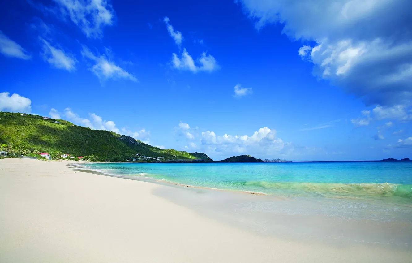 Фото обои песок, пляж, небо, горы, океан, берег