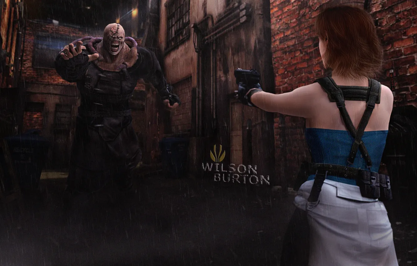 Фото обои девушка, ночь, пистолет, оружие, дождь, монстр, арт, переулок