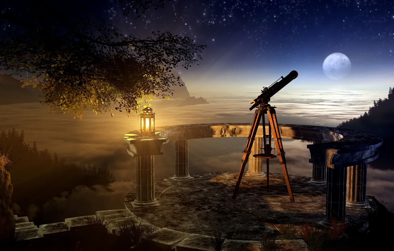 Фото обои небо, трава, ночь, дерево, луна, лампа, звёзды, залив