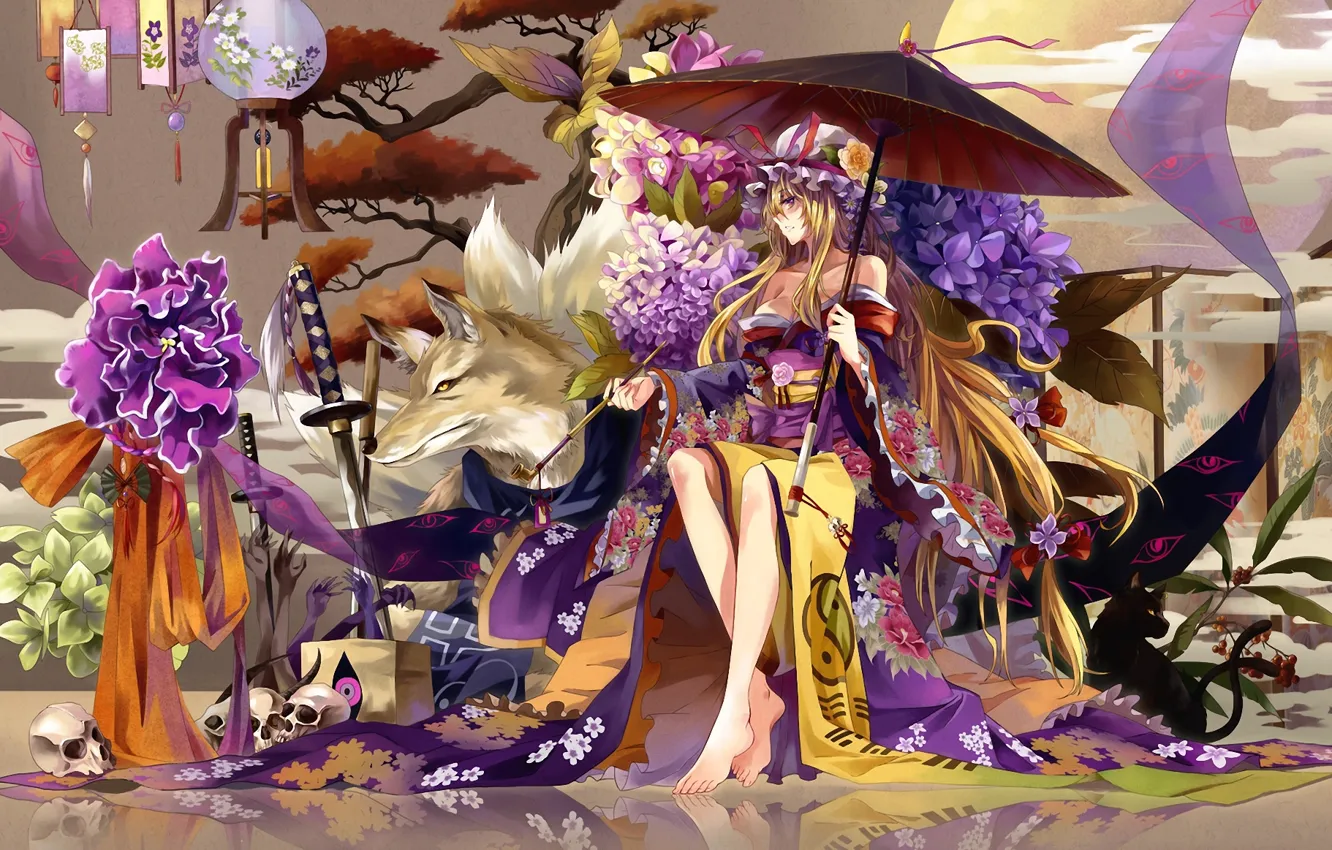 Фото обои девушка, цветы, дерево, череп, волк, трубка, меч, катана