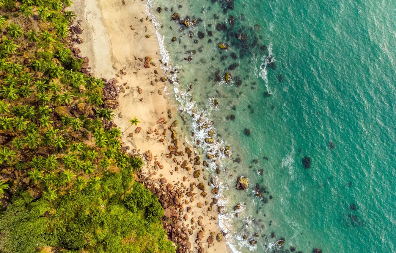 Фото обои waves, beach, rocks, sand, tide, tropical, aerial view