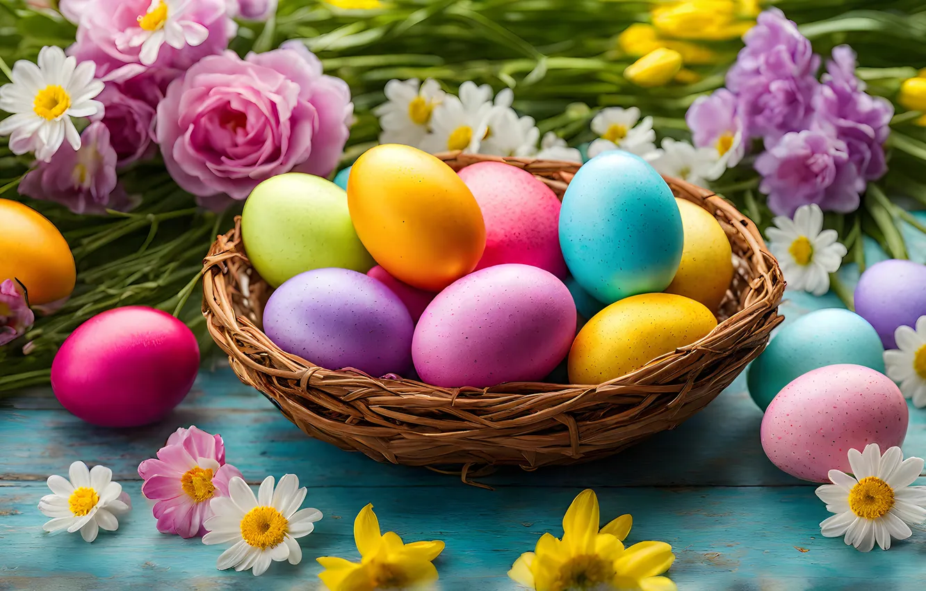 Фото обои цветы, яйца, весна, colorful, Пасха, happy, flowers, spring
