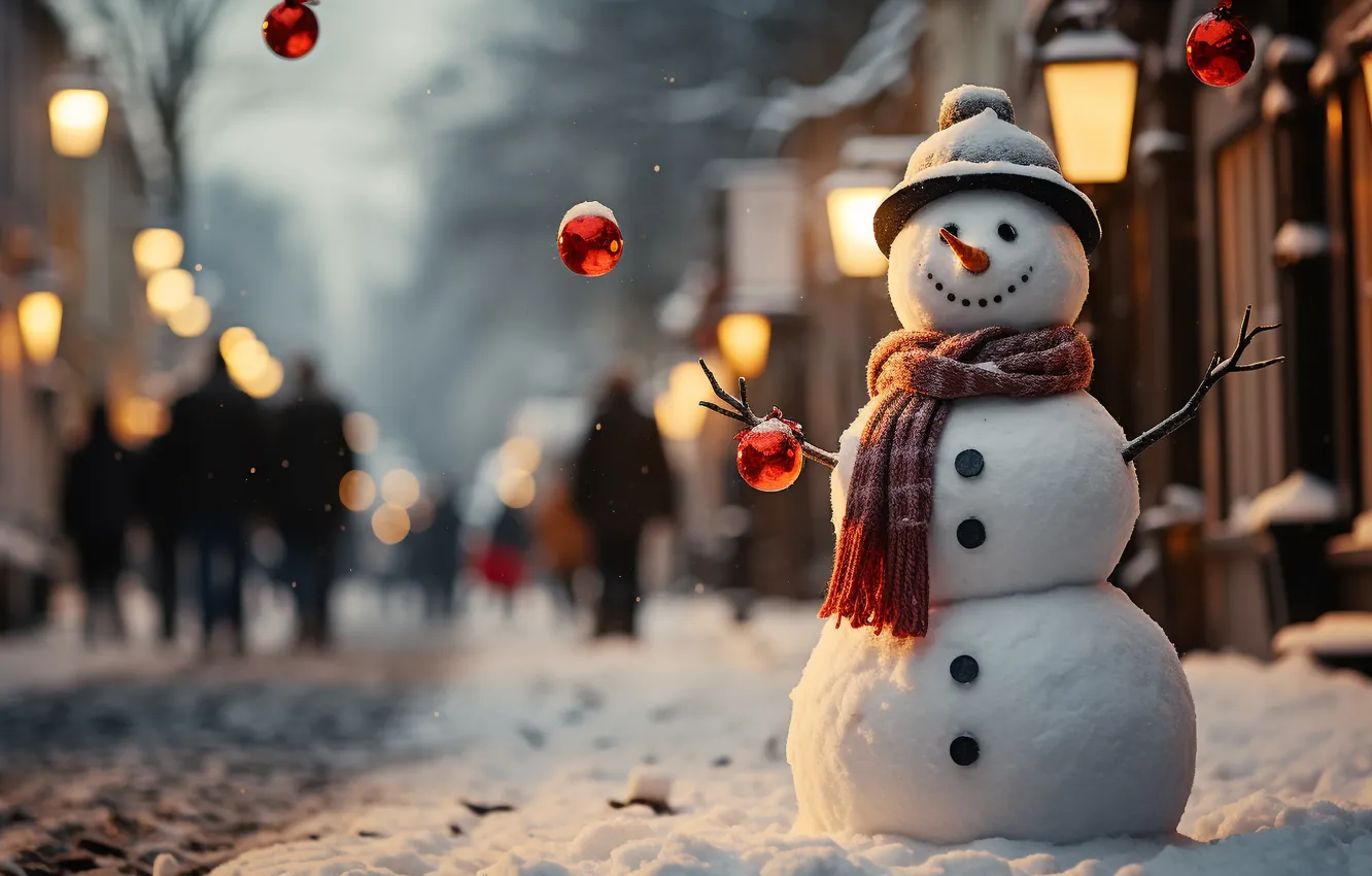 Фото обои зима, снег, улица, Новый Год, Рождество, снеговик, happy, Christmas