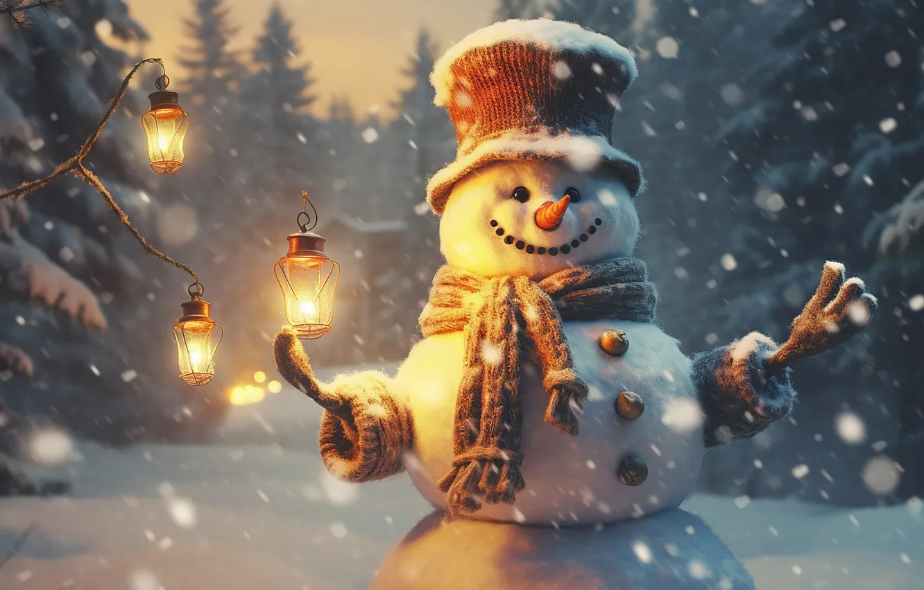 Фото обои зима, снег, украшения, Рождество, Новый год, снеговик, happy, Christmas