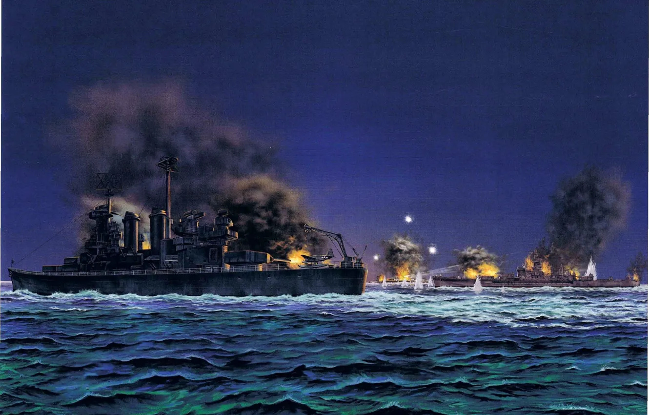 Фото обои ночь, рисунок, арт, крейсер, японский, морской бой, WW2, линейный