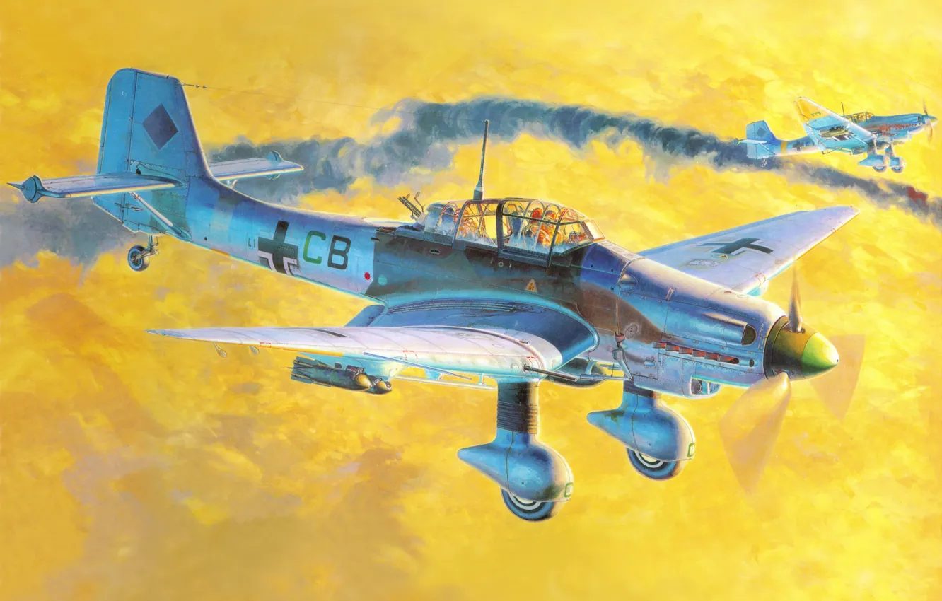 Фото обои небо, война, бомбардировщик, штурмовик, Арт, немецкий, Junkers, одномоторный