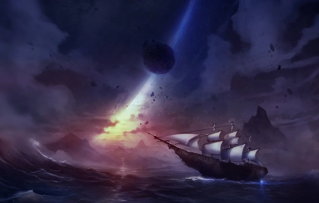Фото обои море, волны, небо, корабль, планета, парусник, арт, Alfred Khamidullin