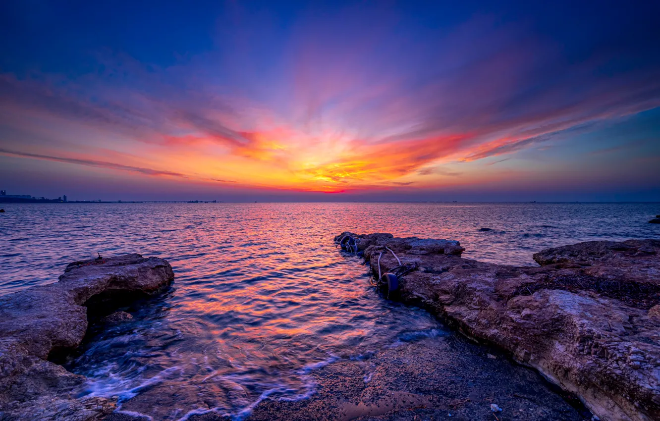 Фото обои море, восход, рассвет, Кипр, Cyprus, Средиземное море, Mediterranean Sea