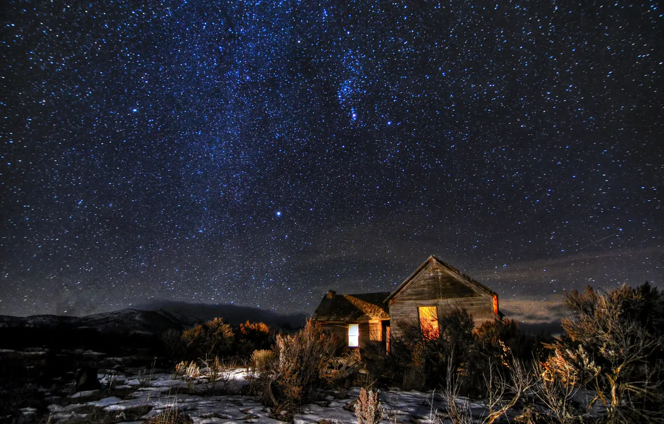 Фото обои космос, звезды, ночь, домики, кусты