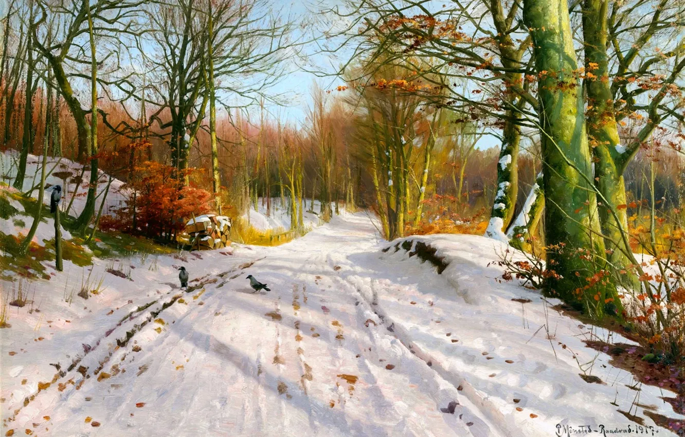 Фото обои Деревья, Снег, Картина, Вороны, Петер Мёрк Мёнстед, Peder Mørk Mønsted, Датский живописец, Лесная тропа зимой