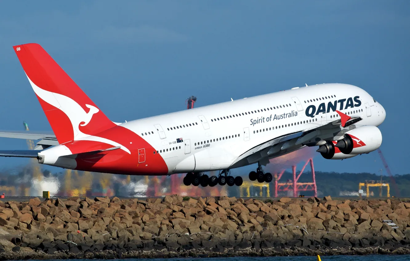 Фото обои Океан, Берег, Аэропорт, Сидней, Взлёт, Beach, Qantas, A380
