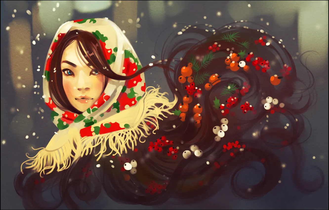 Фото обои зима, взгляд, девушка, лицо, ягоды, волосы, платок