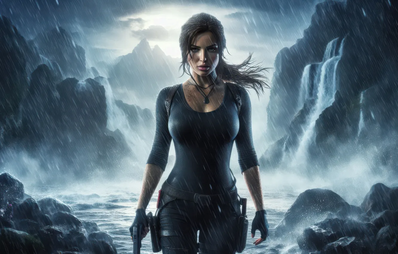 Фото обои Tomb Raider, girl, rain, mountain, Lara Croft, AI Art, AI Generated