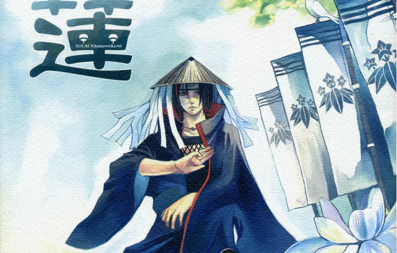 Фото обои небо, шляпа, иероглифы, эмблема, флаги, жест, Akatsuki, Itachi Uchiha