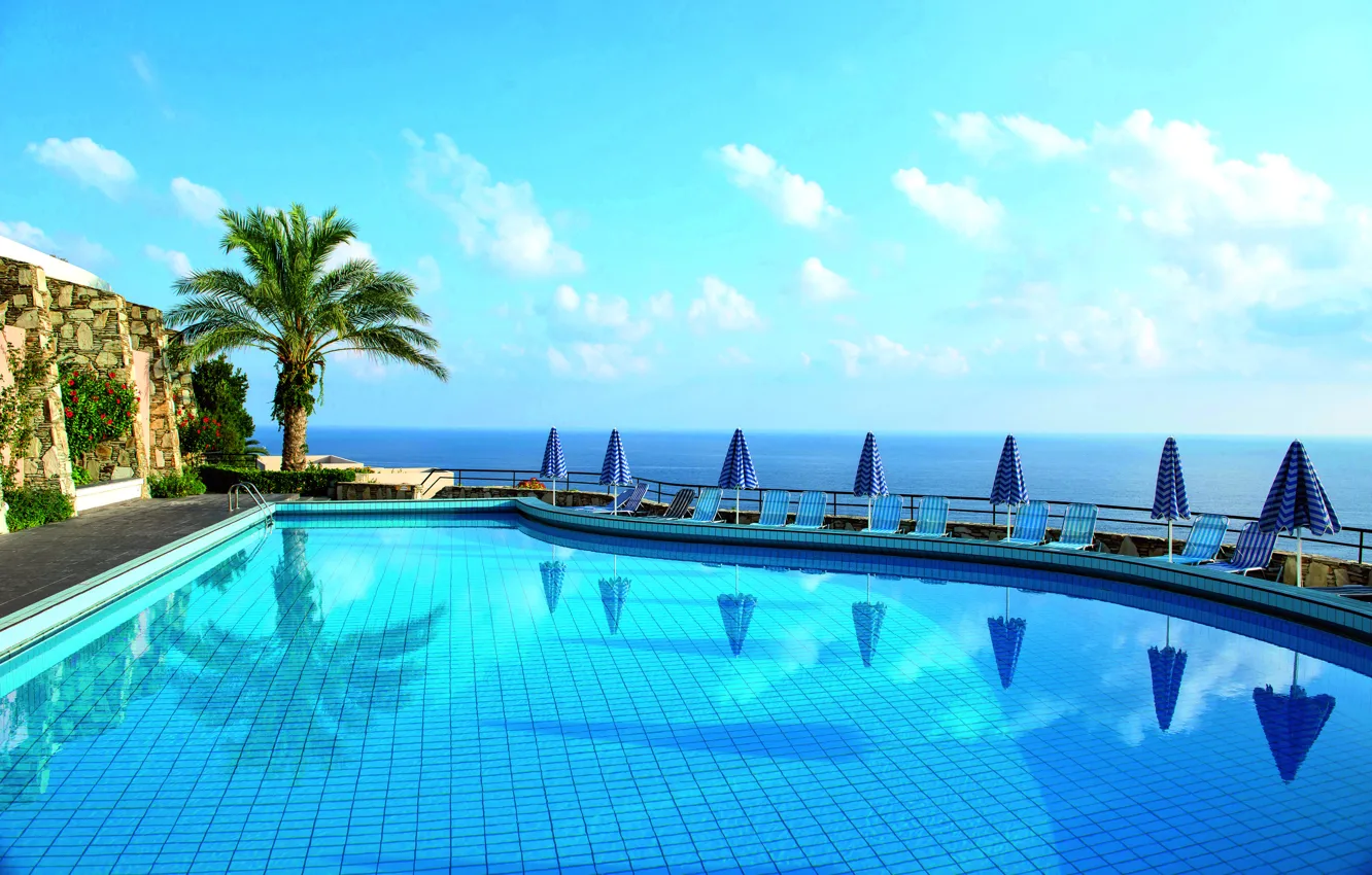 Фото обои море, вид, бассейн, Греция, горизонт, hotel Athina