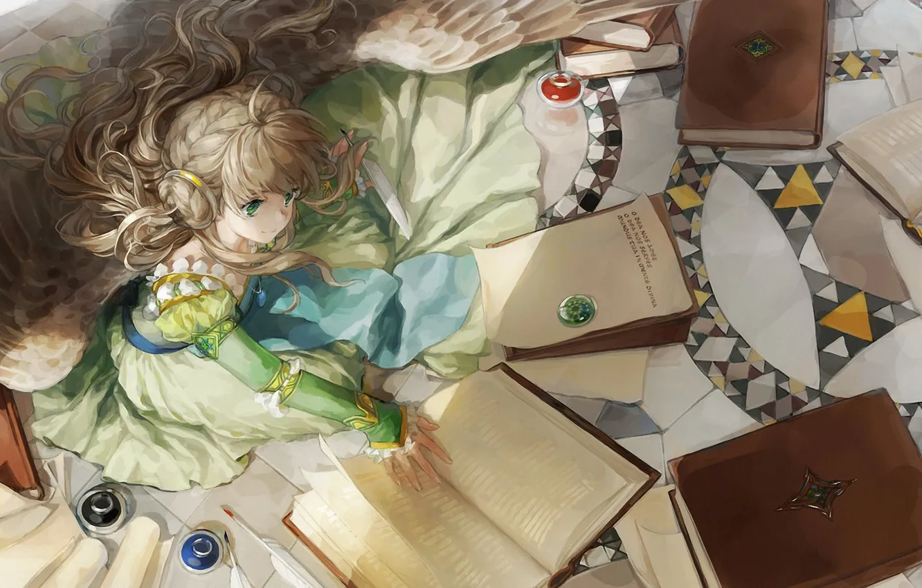 Фото обои книги, крылья, ангел, арт, девочка, локоны, небесная бухгалтерия