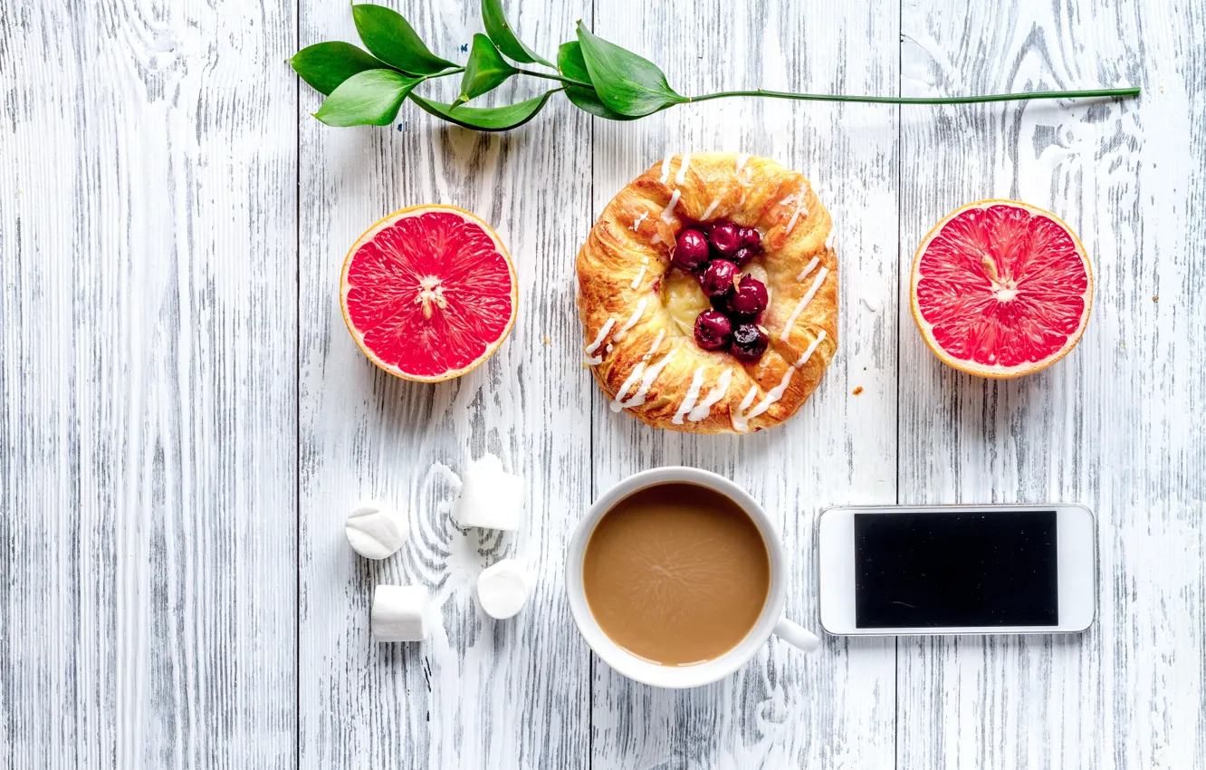 Фото обои ягоды, завтрак, черника, wood, грейпфрут, coffee cup, какао, булочка