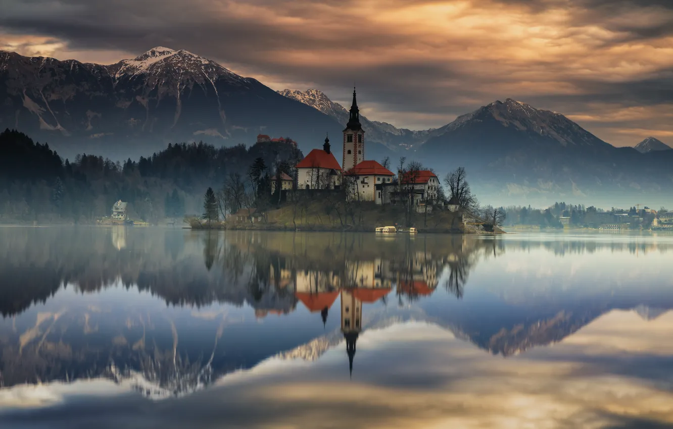 Фото обои осень, горы, озеро, отражение, остров, Словения, Lake Bled, Slovenia