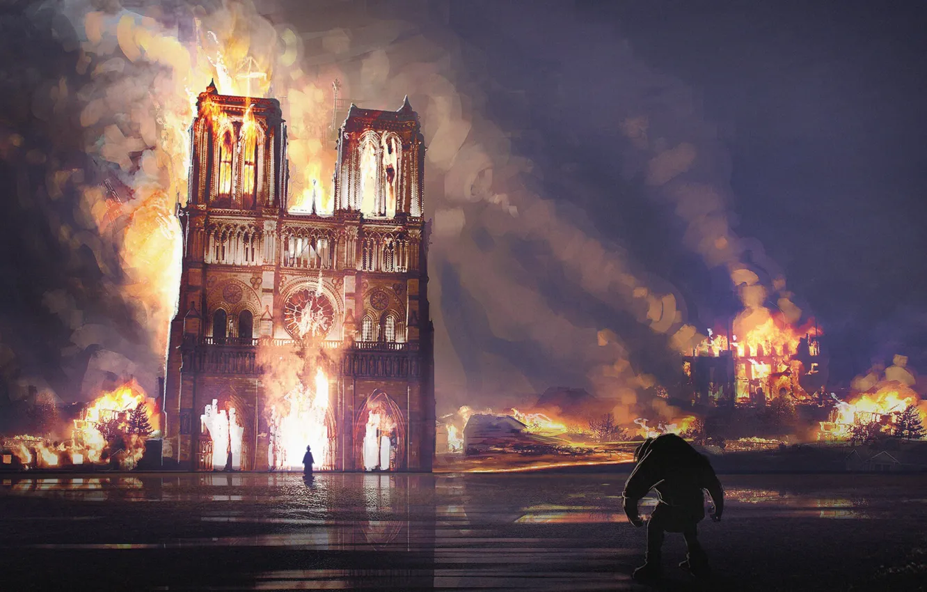 Фото обои ночь, пожар, Франция, Париж, Собор Парижской Богоматери, Нотр-Дам-де-Пари, сгорел, Notre-Dame de Paris