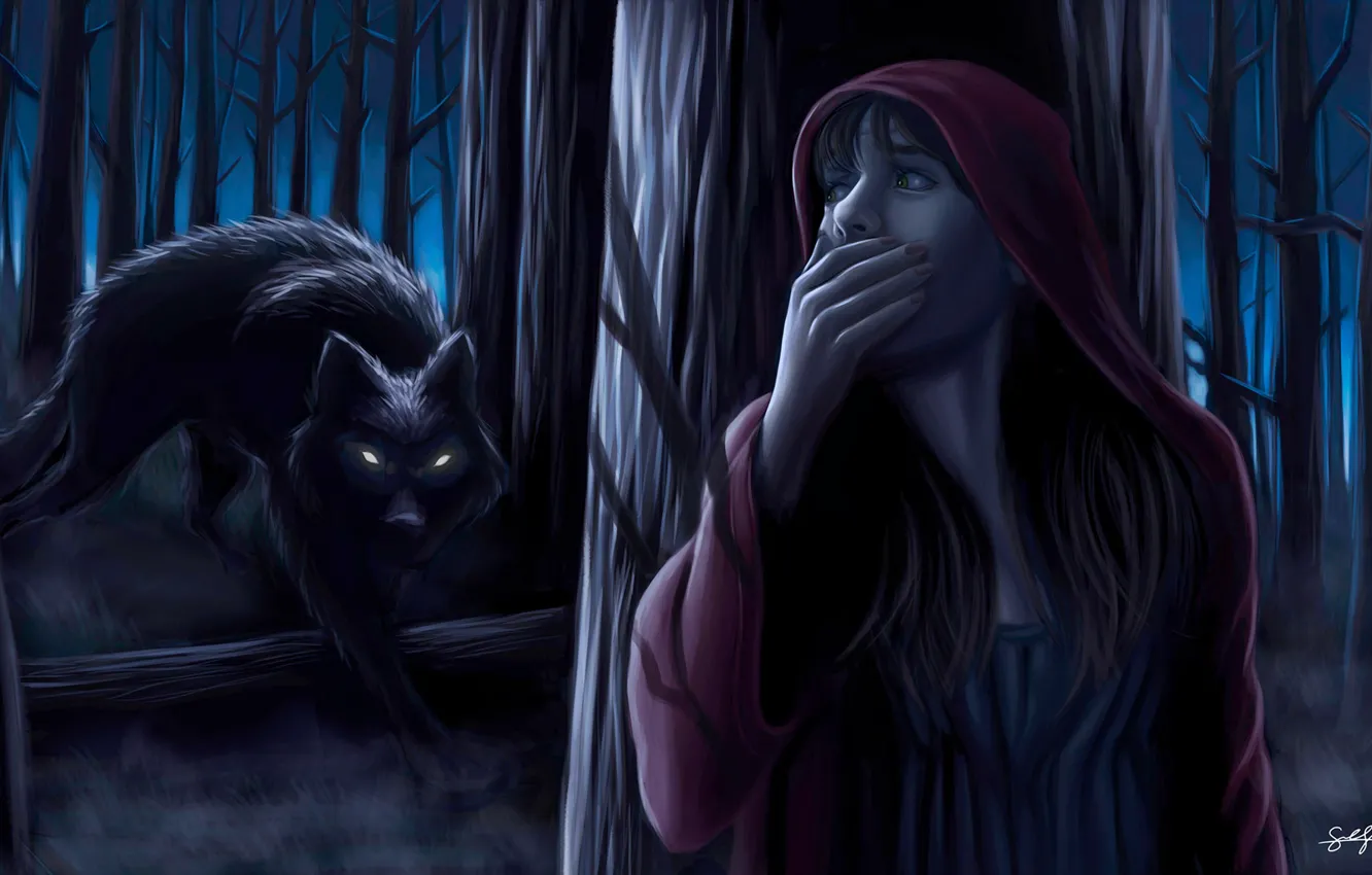 Фото обои лес, девушка, волк, сказка, красная шапочка, арт, Иллюстрация, Samuel Shin