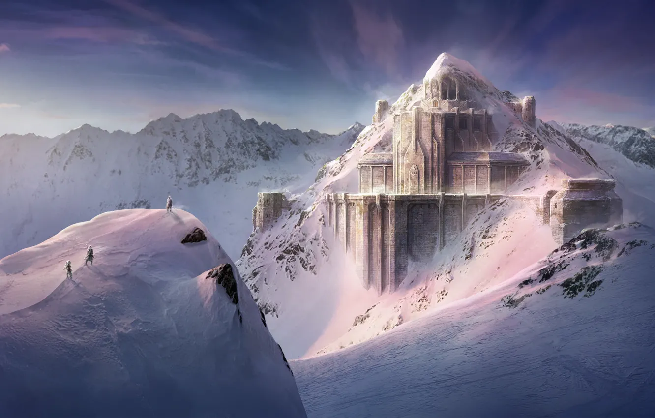 Фото обои снег, горы, сооружение, Dwarven Fortress, The Lord of The Rings