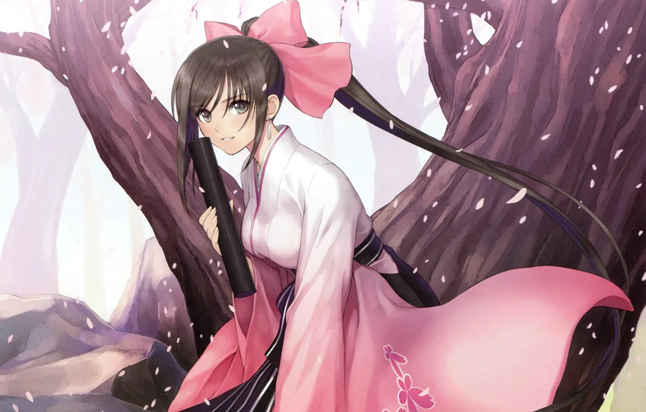 Фото обои лепестки, сакура, кимоно, бант, длинные волосы, art, visual novel, shining hearts
