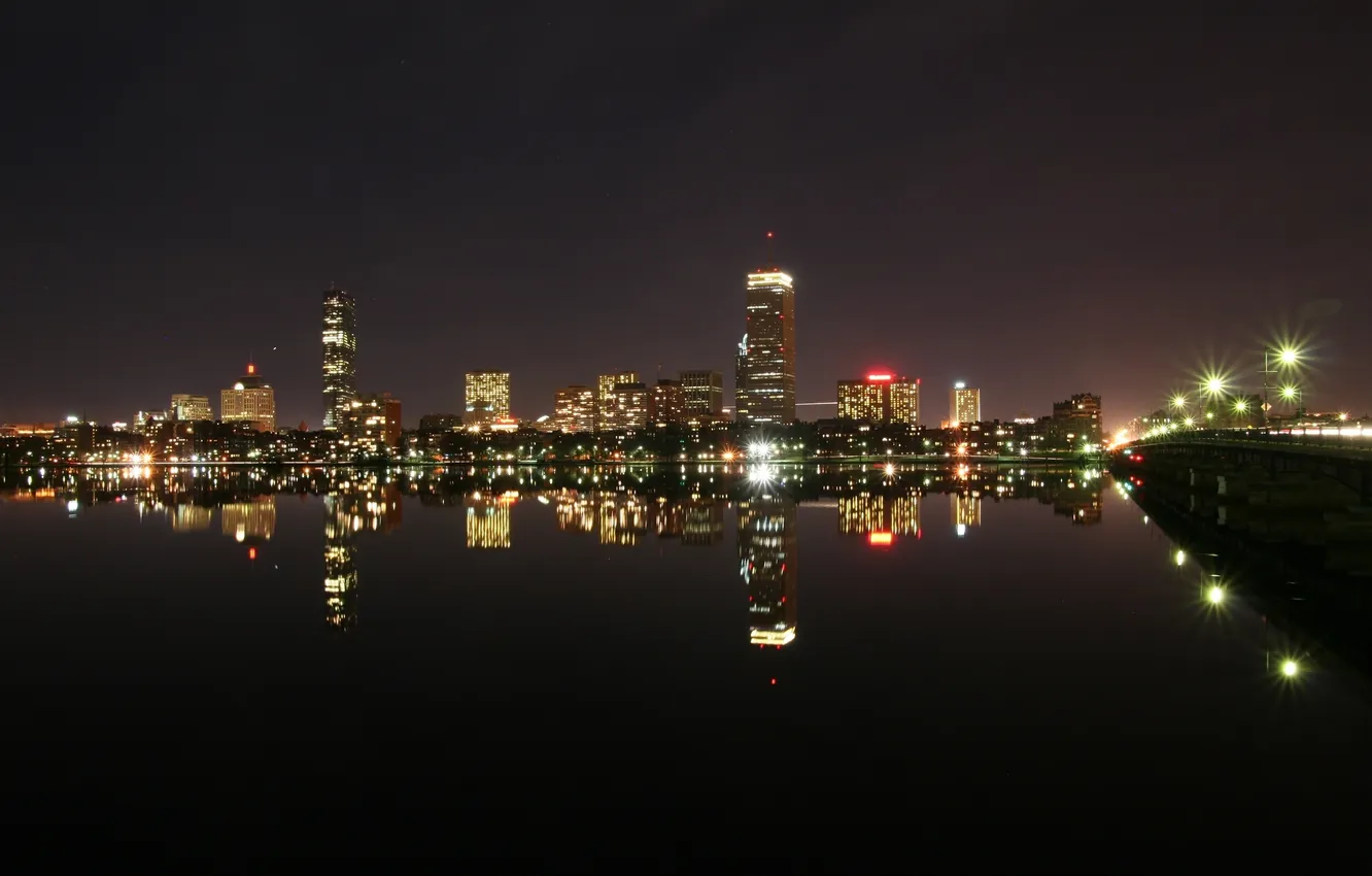 Фото обои вода, ночь, мост, город, огни, дома, высотки, boston