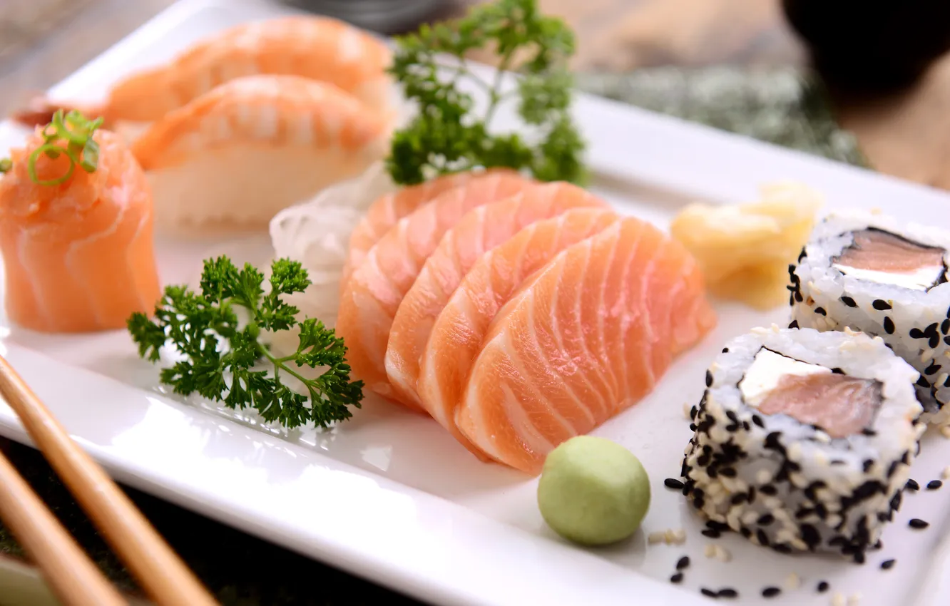 Фото обои рыба, rolls, sushi, суши, fish, роллы, японская кухня, Japanese cuisine