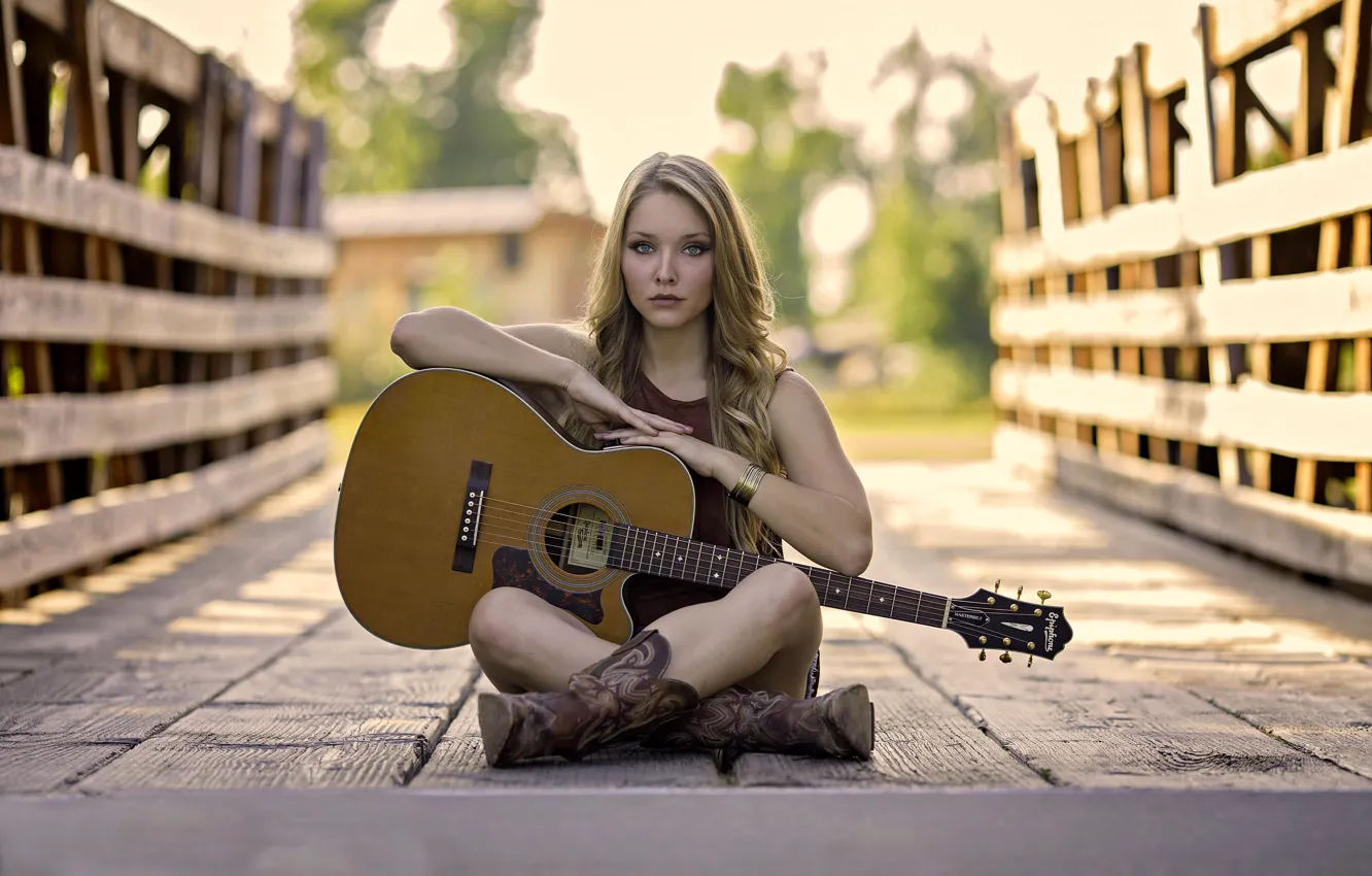 Фото обои guitar, bridge, beautiful girl, beautiful eyes