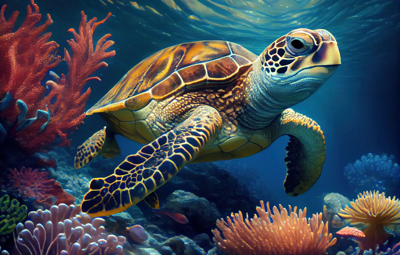 Фото обои черепаха, кораллы, подводный мир, нейросеть