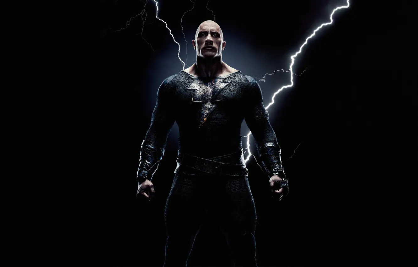 Фото обои молнии, костюм, черный фон, постер, комикс, Дуэйн Джонсон, Dwayne Johnson, DC Comics