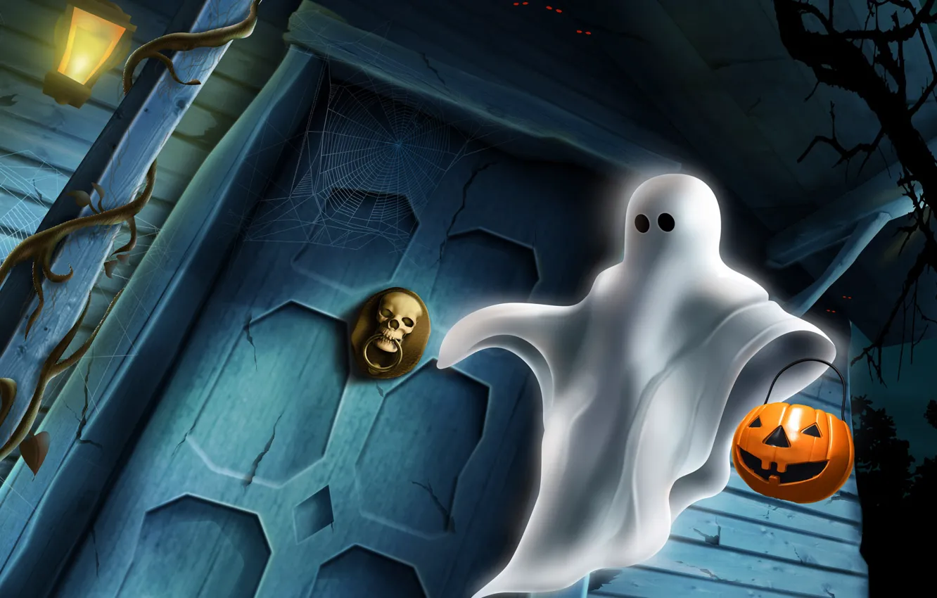 Фото обои череп, дверь, призрак, фонарь, тыква, хэллоуин