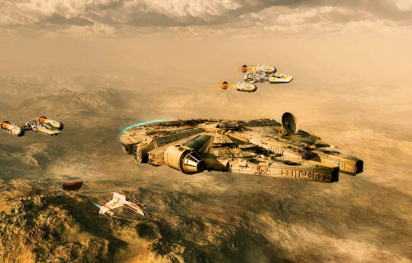 Фото обои пустыня, планета, истребители, star wars, космический корабль, millenium falcon