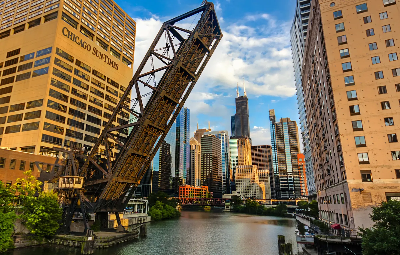 Фото обои река, дома, небоскребы, утро, Chicago, ILLINOIS, Chicago San-times, поднятый мост