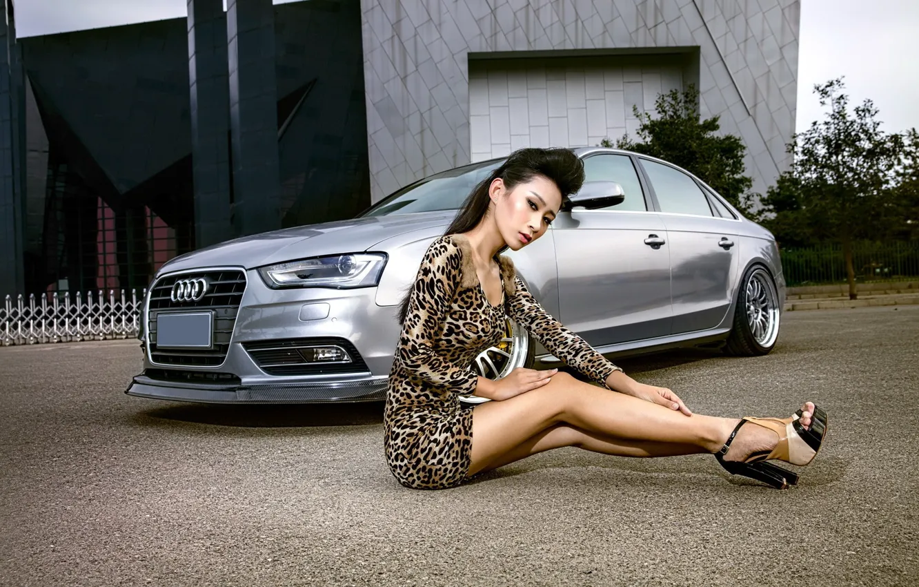 Фото обои авто, взгляд, девушка, Audi, Девушки, азиатка, сидит над машиной