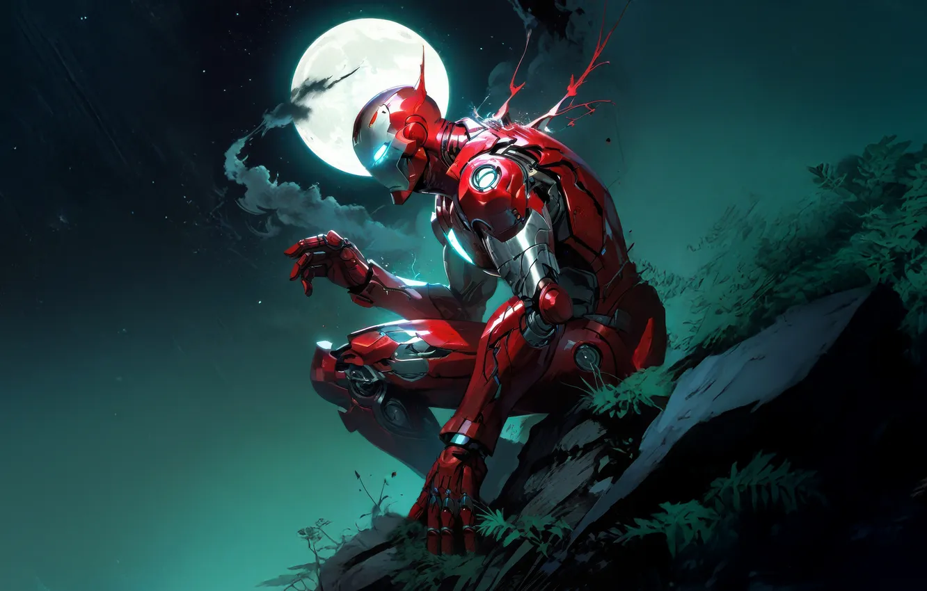 Фото обои ночь, сталь, доспехи, Луна, костюм, дымка, Железный человек, Iron Man