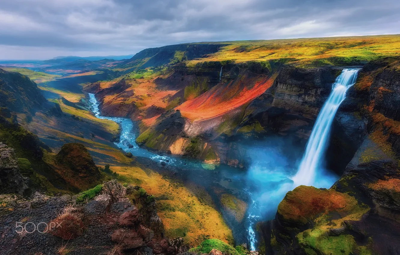Фото обои небо, водопад, Исландия, склы