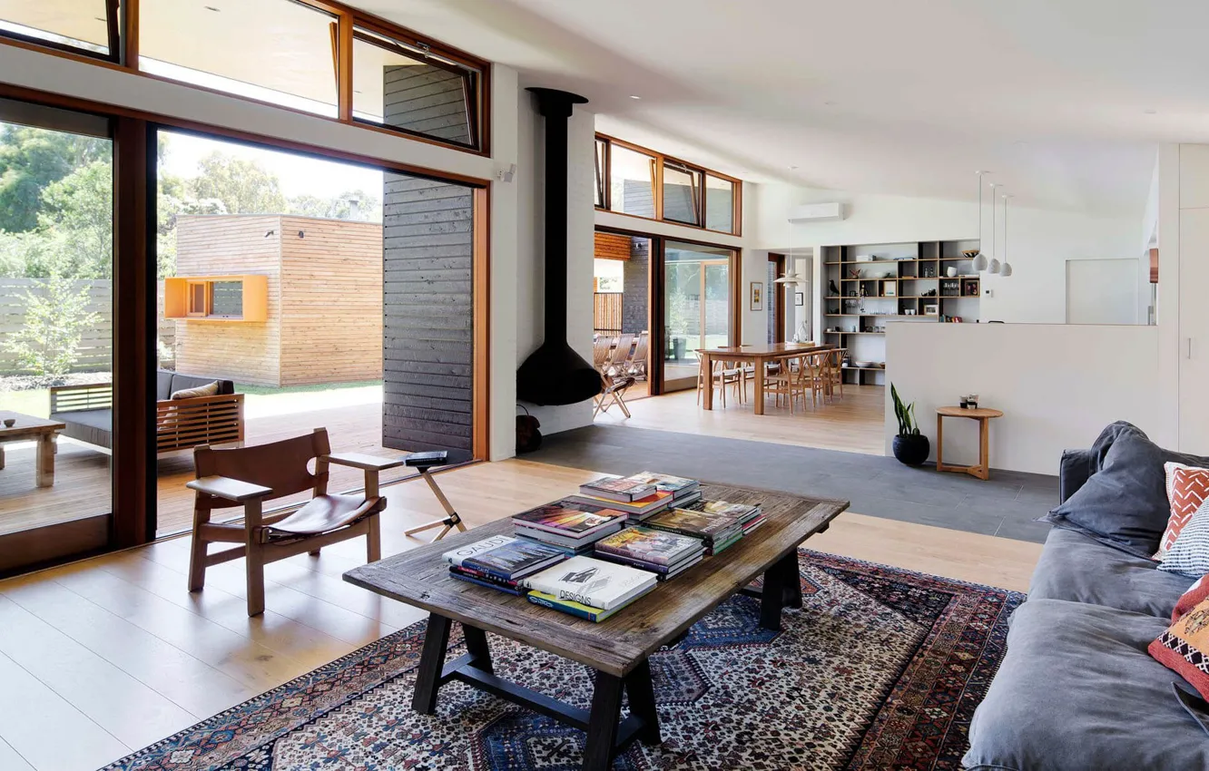 Фото обои интерьер, камин, терраса, гостиная, столовая, большие окна, Somers House One, by Adrian Bonomi