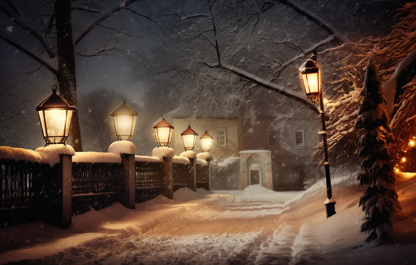 Фото обои зима, снег, деревья, ночь, lights, парк, улица, фонари