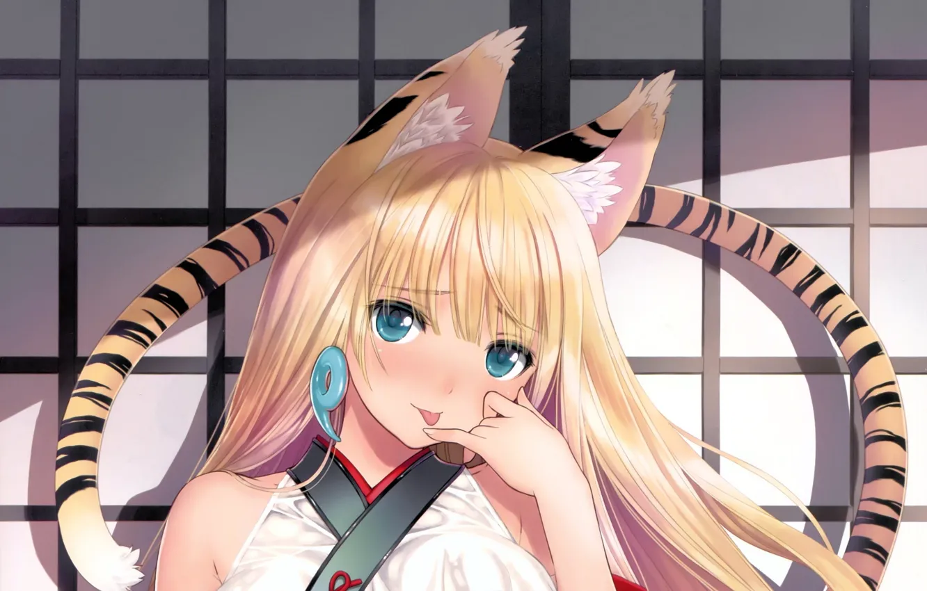 Фото обои хвост, голубые глаза, тигрица, ушки, art, shining hearts, tony taka, rouna marasame