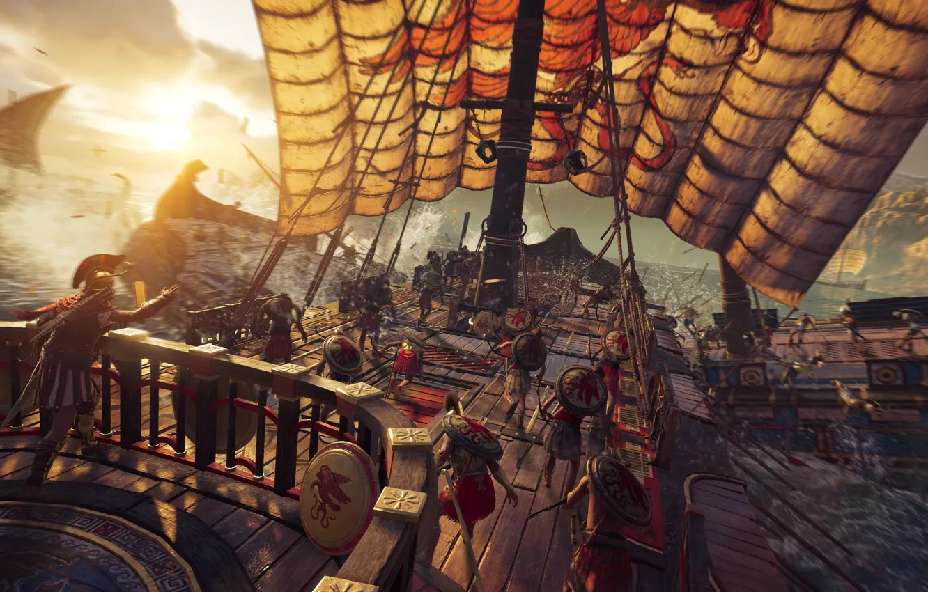 Фото обои солнце, игра, корабль, бой, паруса, game, рыцари, Assassin's Creed