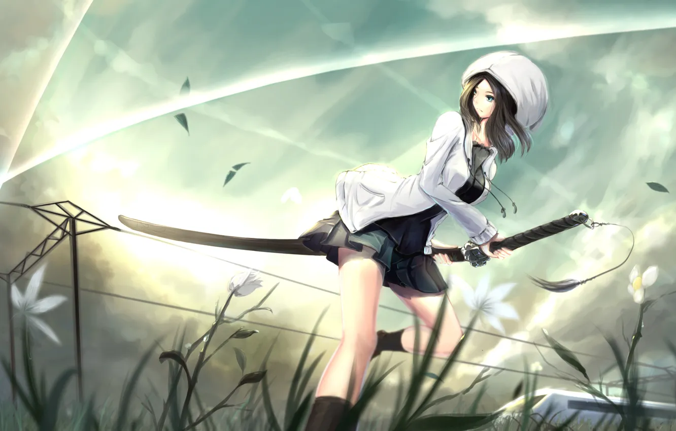 Фото обои трава, девушка, солнце, оружие, ветер, магия, жест, art